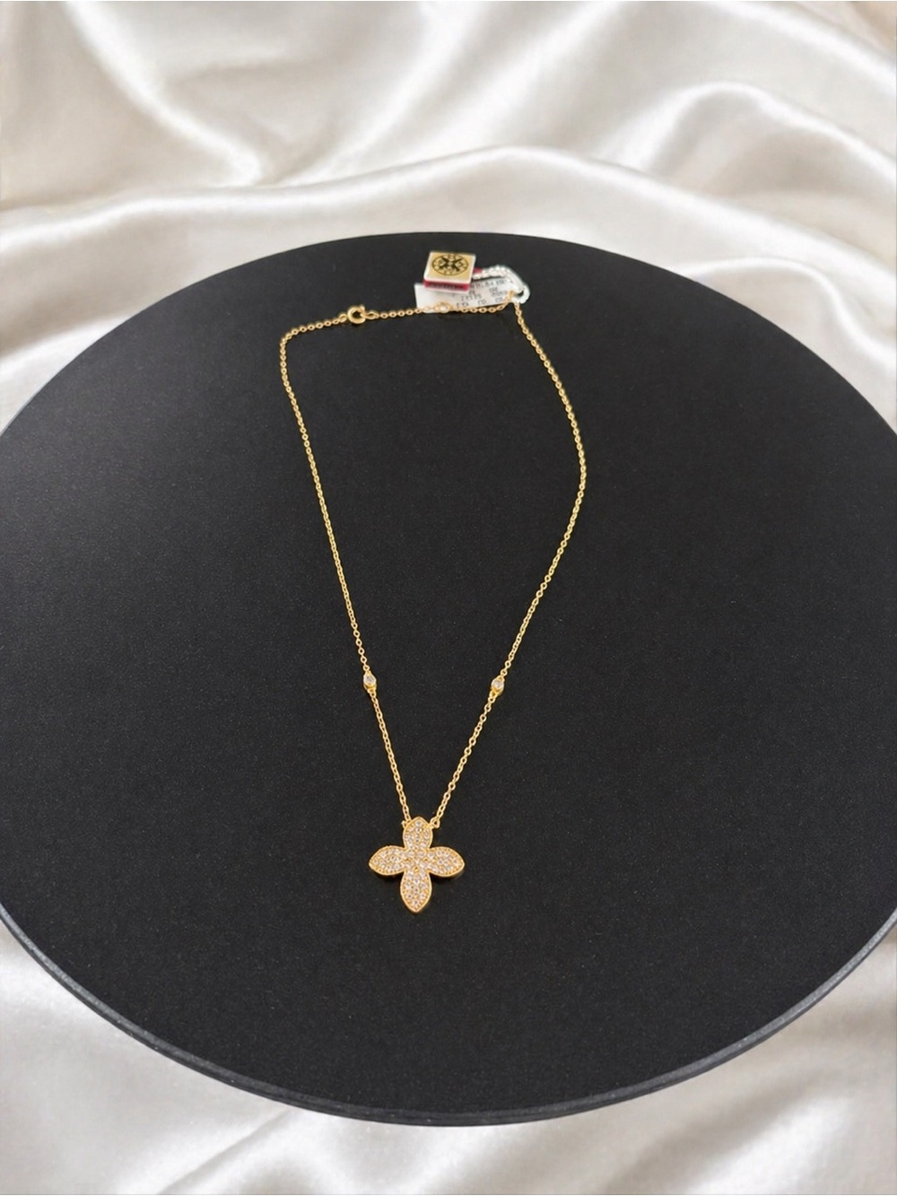 Gold Plated Belargo Pavé Four-Petal Flower Pendant Necklace by Freida Rothman